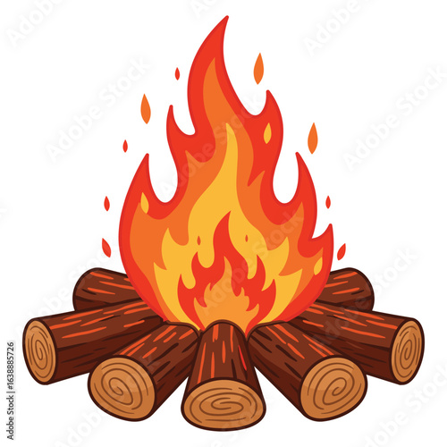 Cartoon campfire with wooden logs and bright flames – stock vector flat illustration