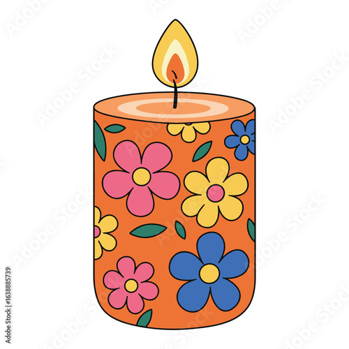 Colorful floral candle with orange background and bright flame – stock vector flat illustration