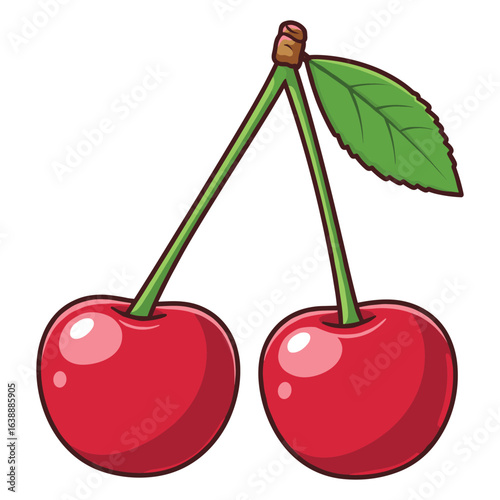 Cartoon illustration of two red cherries with green leaf on stems – stock vector flat illustration