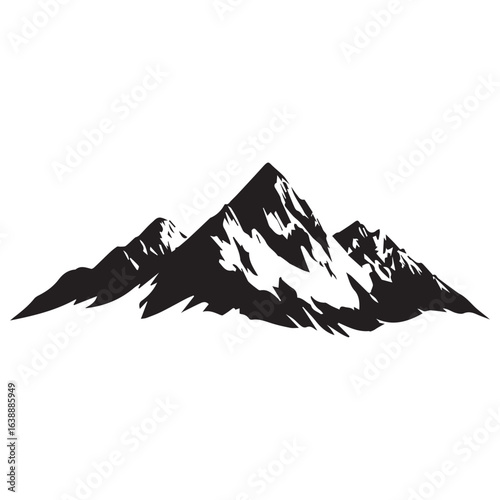 Illustration of a mountain range with jagged peaks and snow patches in a monochrome black and white design