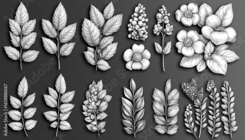 White flower and leaf illustrations on dark grey background, isolated. Ideal for elegant, nature-inspired design, or for use in crafting templates.