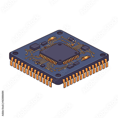 Isometric illustration of a microchip with circuit details – stock vector flat illustration