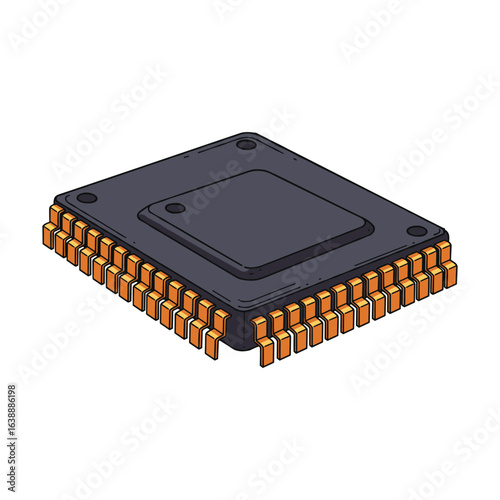 Detailed illustration of a semiconductor microchip with gold pins – stock vector flat illustration
