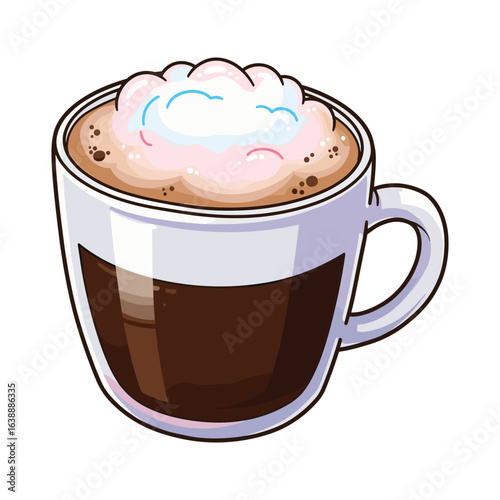 Cartoon cappuccino cup with frothy foam top in whimsical style – stock vector flat illustration