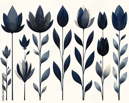 Modern floral illustration on a white background, dark navy and gray leaves. Use as a background, stationery, or other decorative graphic design.