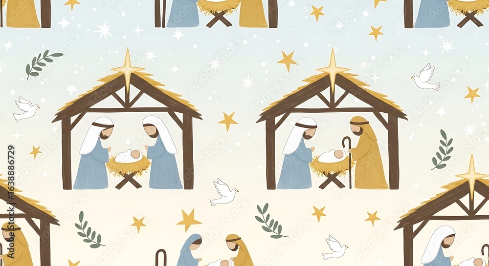 Naklejka premium Whimsical Christmas Nativity Scene Pattern with Stars, Doves, and Holy Family