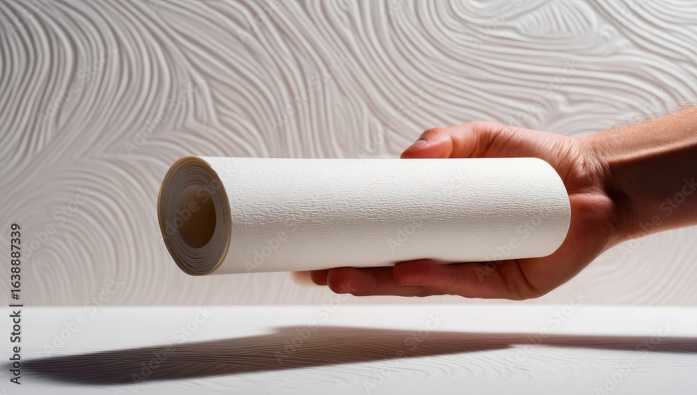 Fototapeta premium Hand holding filter roll, white background, studio