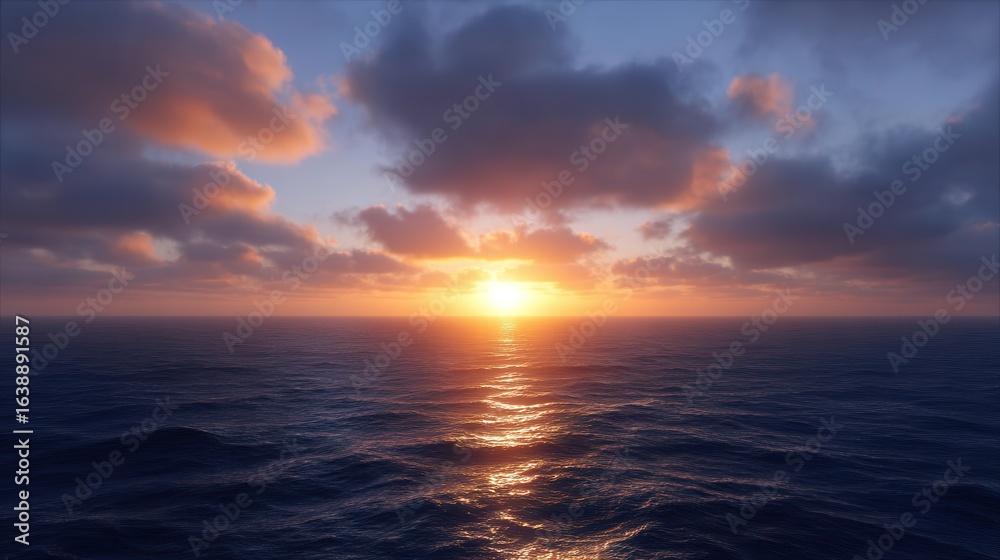 Fototapeta premium Golden Horizon: A serene ocean expanse mirrors the sun's radiant descent, painting the sky with hues of gold and whispers of twilight.