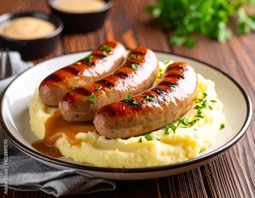grilled pork sausages served on creamy mashed potatoes with onion gravy