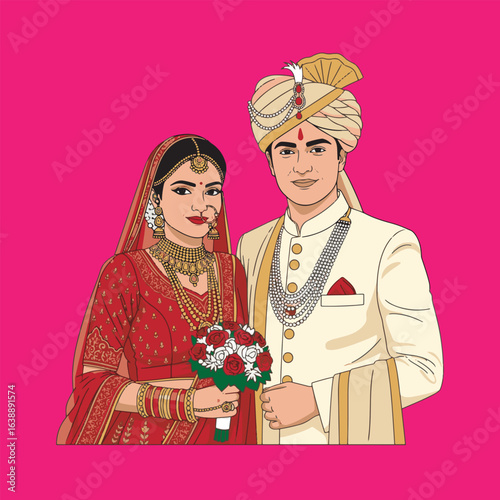 Illustration of a newly married Indian couple in traditional wedding attire, holding a bouquet, against a pink background.