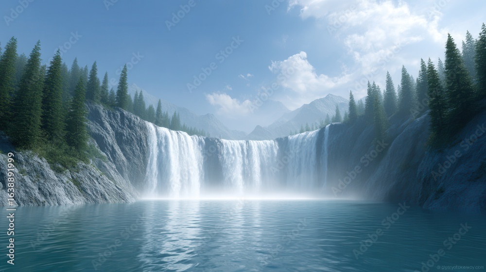 Fototapeta premium Majestic Waterfall Oasis: A serene cascade of water plunges into a tranquil pool, surrounded by rugged cliffs, towering evergreen trees, and distant mountains under a vibrant blue sky.