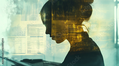 Financial Expert and Due Diligence – Double Exposure of Profile with Digital Spreadsheets, Audit Trails, and Company Assets Highlighting M&A Scrutiny