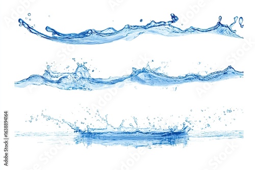 Three horizontal rows of water splashes and waves against a white background