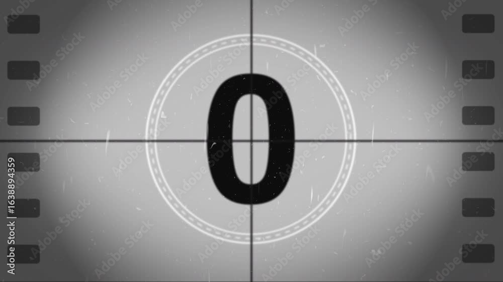 Old film strip countdown 5 to 0 in grey color. Vintage defocused film look, flicker, grain and scratches effect. 4K animation.
