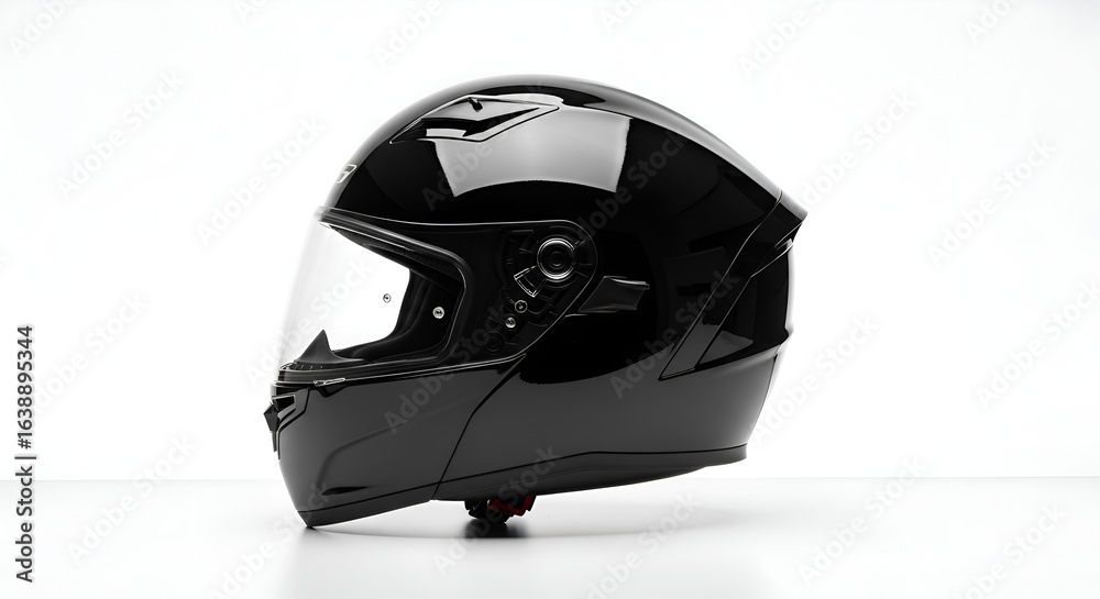 Fototapeta premium Side view of a simple modern motorcycle helmet with glossy black finish, clean and white backgroun