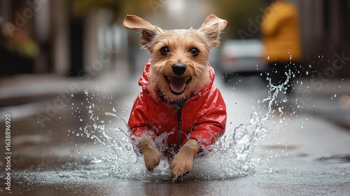 Fototapeta Naklejka Na Ścianę i Meble -  happy small dog wearing red raincoat joyfully splashing through a puddle on wet urban street