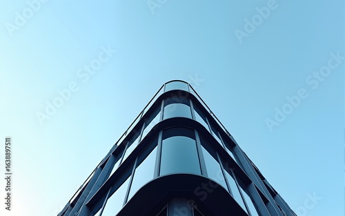 3D stimulate of high rise curve glass building and dark steel window system on blue clear sky background,Business concept of future architecture,lookup to the angle of the corner building.