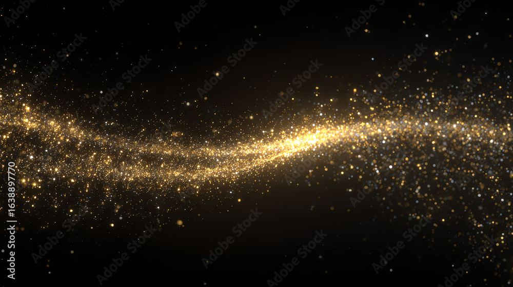 Naklejka premium A stunning wave of golden particles glimmers against a dark background, creating a mesmerizing visual effect for digital designs.
