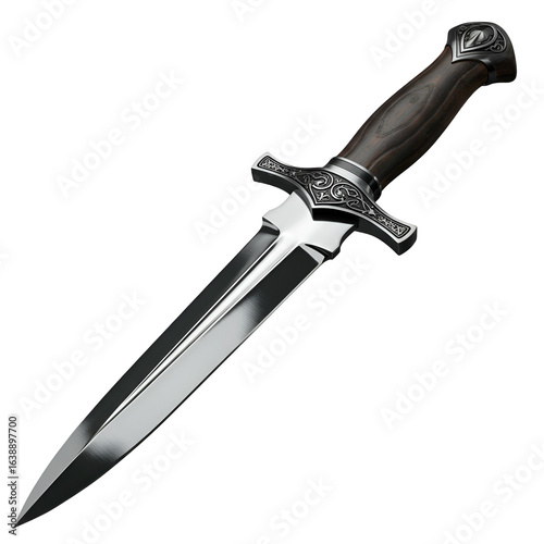 Realistic Dagger on Transparent Background with Silver Blade and Wooden Handle
