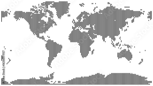 Vertical line shape world map silhouette with distinct continent shapes and global arrangement. Linear design for professional geographic presentations