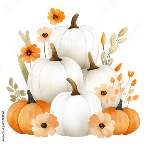 Watercolor pumpkins and flowers create a beautiful autumn harvest arrangement.