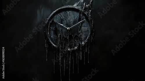 A melting clock face dripping into darkness, evoking the sense of lost time and the distorted perception of reality often associated with depression.