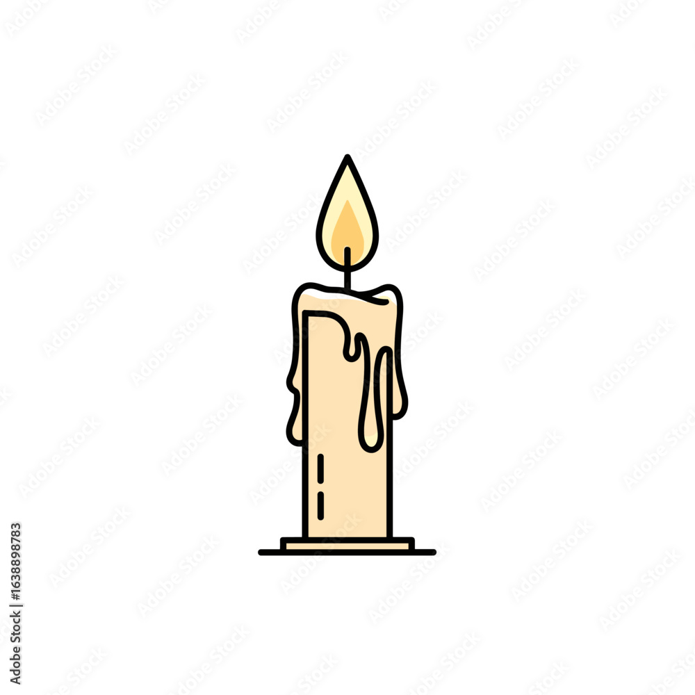 Obraz premium A single tall beige candle with a melting wax dripping down its sides illuminates a warm yellow flame on a white background