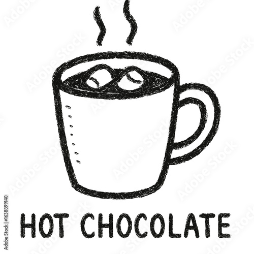 Hot chocolate in a cup with marshmallows and steam rising  