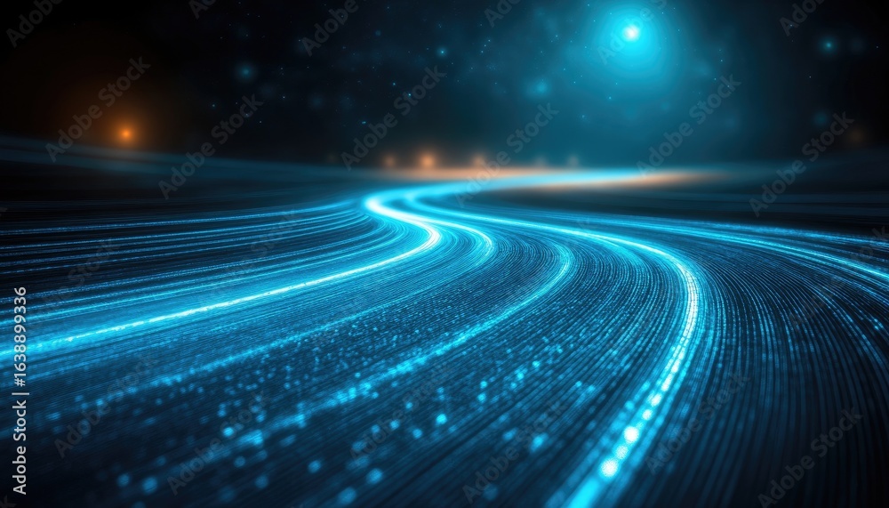 Fototapeta premium Abstract blue light streaks form a winding road to a bright destination. Use for high-tech, progress, data, or a journey to an unknown future.