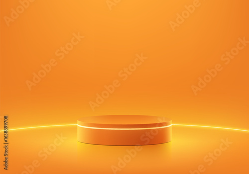 3D orange product podium with glowing neon lighting curve lines background. Abstract geometric composition in minimalist design. Studio display showroom pedestal, Fashion stage showcase mockup scene.