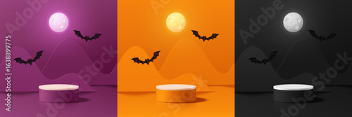Set of 3D orange, purple, black product podium background in Halloween festival with flying bat, Moon. Abstract minimalist design. Studio display showroom stands pedestal, Stage showcase mockup scene.