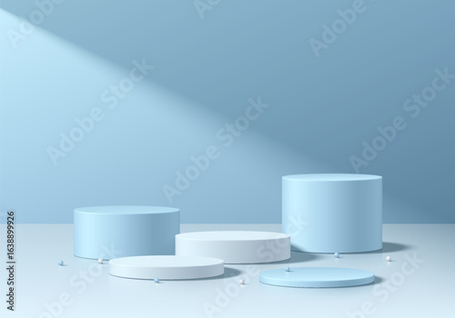 3D blue, white round product podium set background with light and shadow. Abstract geometric composition in minimalist design. 3D studio display showroom pedestal, Fashion stage showcase mockup scene.