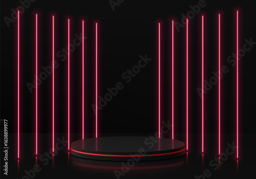 3D round black product podium background with vertical red neon lighting lines. Abstract composition in futuristic design. Studio display showroom stands pedestal, Fashion stage showcase mockup scene.
