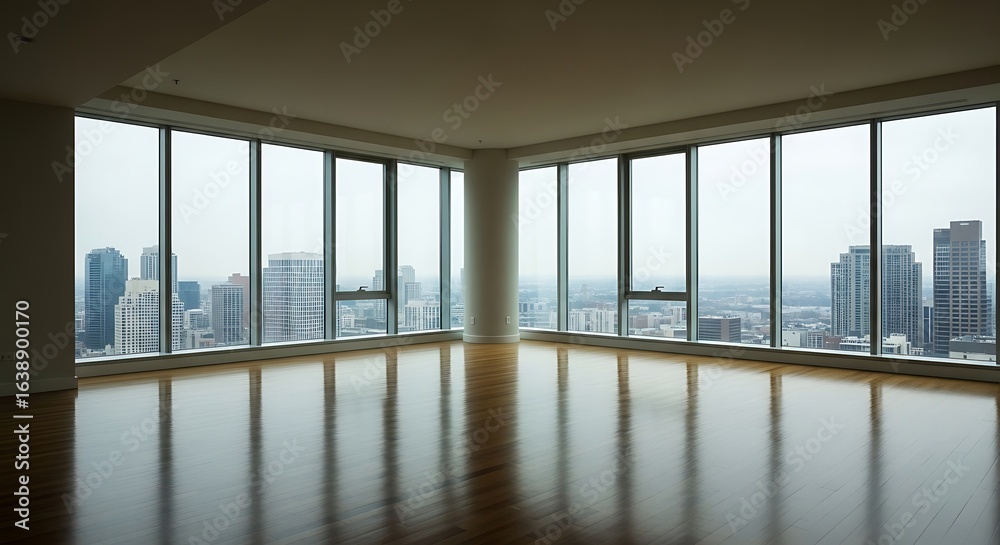 Fototapeta premium Empty penthouse corner room with cityscape views