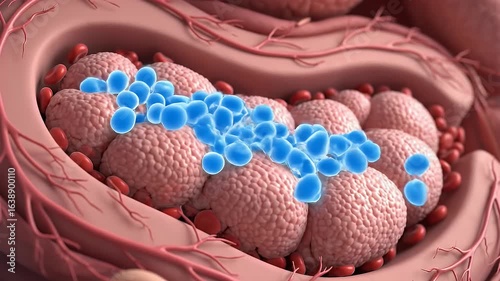 Action of Pancreas Releasing Insulin Cells in the Human Body - Scientific Illustration