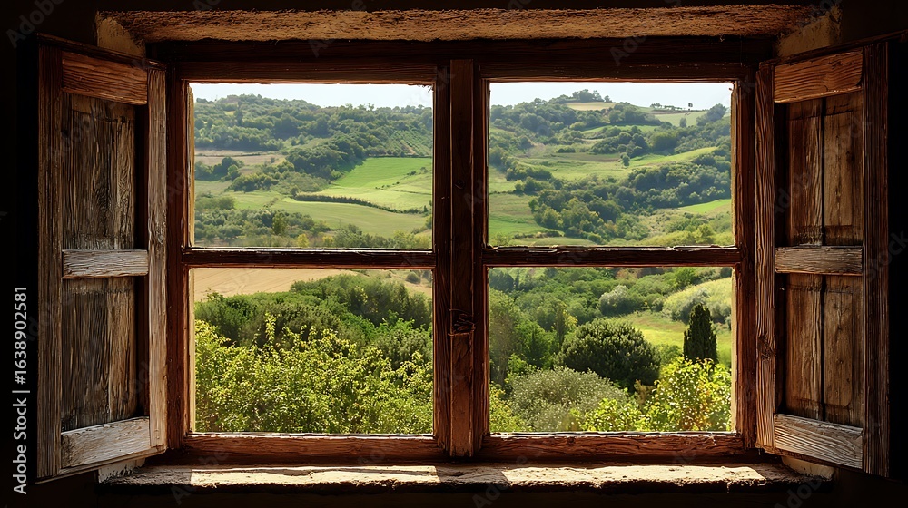 Fototapeta premium Open Window Overlooking Green Rolling Hills and Countryside Landscape