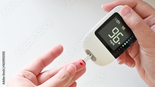 4K Closeup of a woman hand checking blood sugar level with glucometer