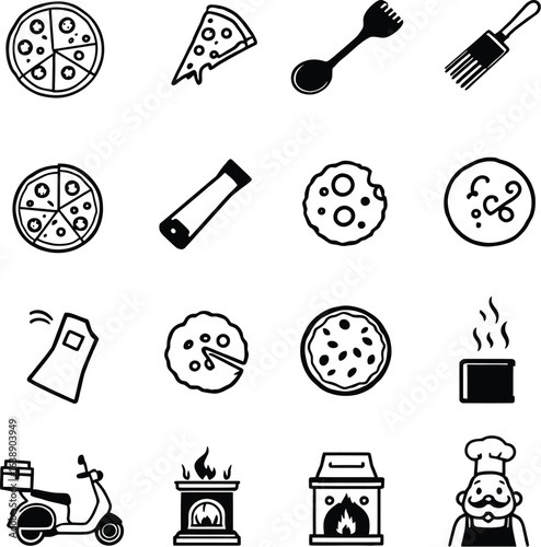 Black and White Pizza and Cooking Icon Set – Food-Themed Illustrations Featuring Pizza Slices, Kitchen Tools, Chef, Delivery Scooter, and More for Menus, Branding, and Culinary Education