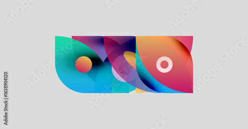 Abstract colorful shapes overlap, creating dynamic visual composition. Gradients blend blues, purples, oranges, reds. Modern design element.