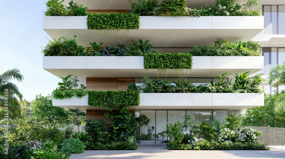 Obraz premium Modern residential tower with lush greenery and vibrant plants adorning balconies, creating