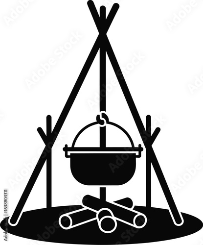 Silhouette of a black campfire with cooking pot, perfect for camping, outdoor cooking and wilderness adventures