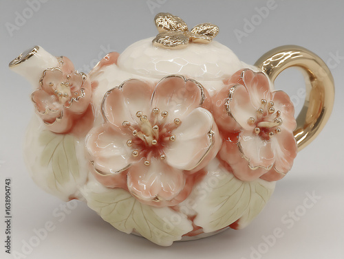 a ceramic watering can with delicate pink cosmos flowers.