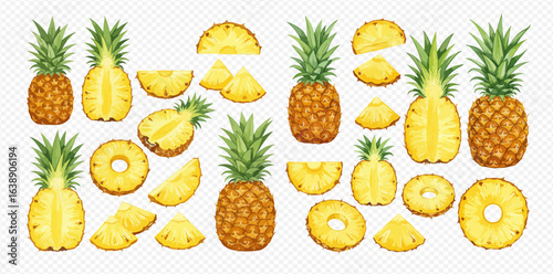 A vibrant collection of illustrated pineapples, showcasing whole fruits alongside various cuts like halves, rings, slices, and wedges.