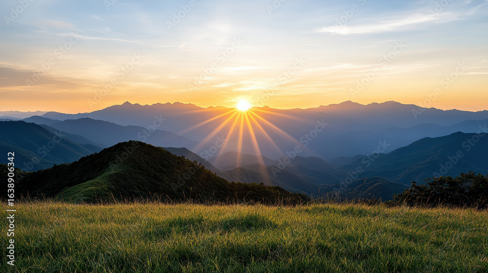 Obraz premium Breathtaking sunset over mountain range with vibrant rays illuminating landscape