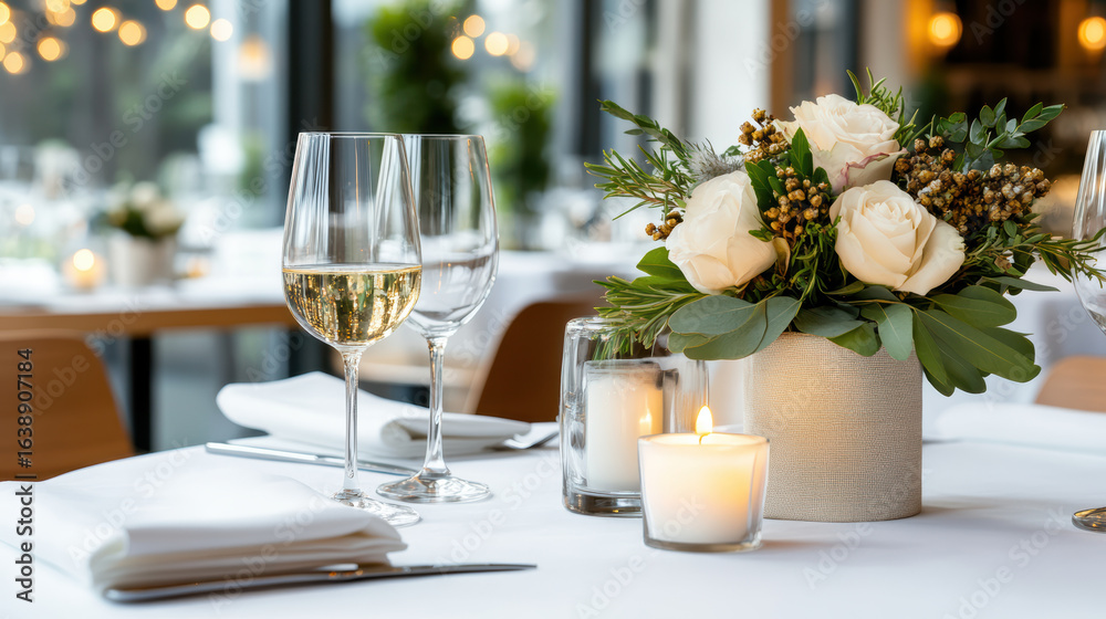 Elegant table setting with wine glasses, floral centerpiece, and candlelight creates romantic Elegant table setting with wine glasses, floral centerpiece, and candlelight creates romantic