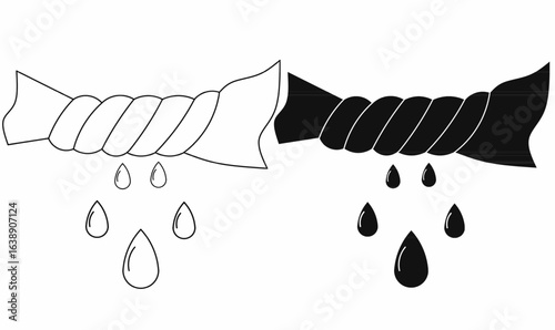 vector illustration icon of a twisted cloth being squeezed, releasing water drops. Includes outline and silhouette,solid styles, perfect for laundry, cleaning, and wash concepts.
