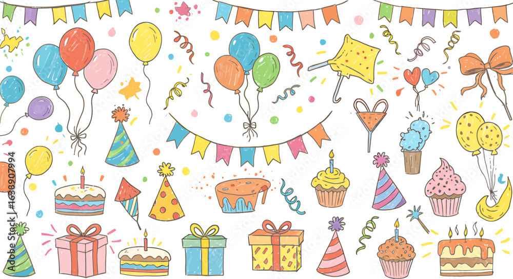 Colorful illustration of party elements including balloons, gifts, cakes, hats, and streamers.