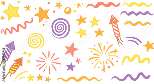 Festive hand-drawn elements: stars, fireworks, swirls, and wavy lines, perfect for celebration designs.
