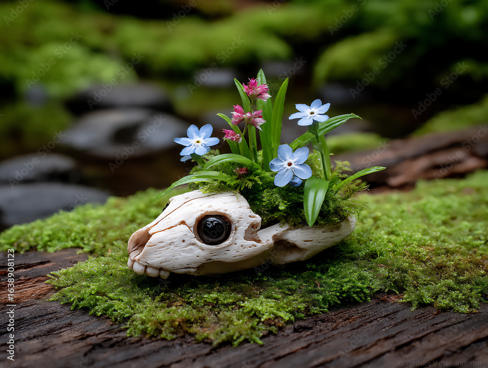 Obraz premium sunlight filtering through leaves, illuminating a skull sculpture adorned with wildflowers.
