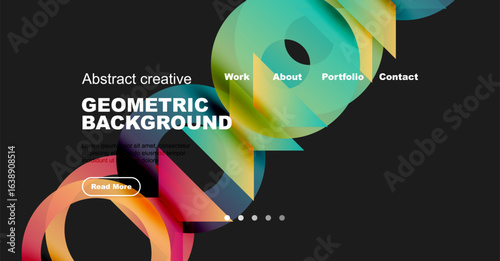 Abstract geometric background with vibrant colors. Website header includes navigation options, text, button. Dark backdrop enhances visual impact.